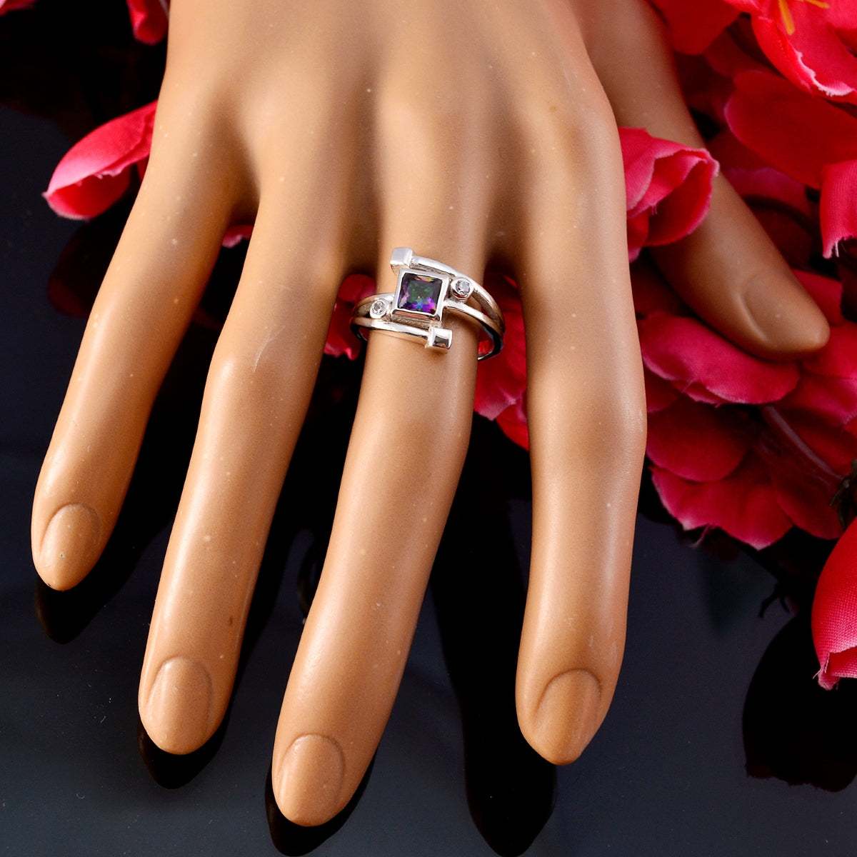 Mystic Quartz Halo Egyptian Silver multicolor Gems Featherlight Feminine Ring Jewelry