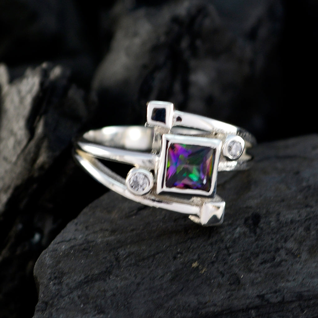 Mystic Quartz Halo Egyptian Silver multicolor Gems Featherlight Feminine Ring Jewelry