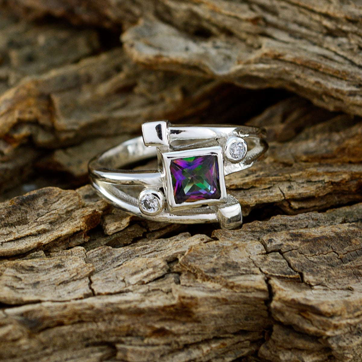 Mystic Quartz Halo Egyptian Silver multicolor Gems Featherlight Feminine Ring Jewelry