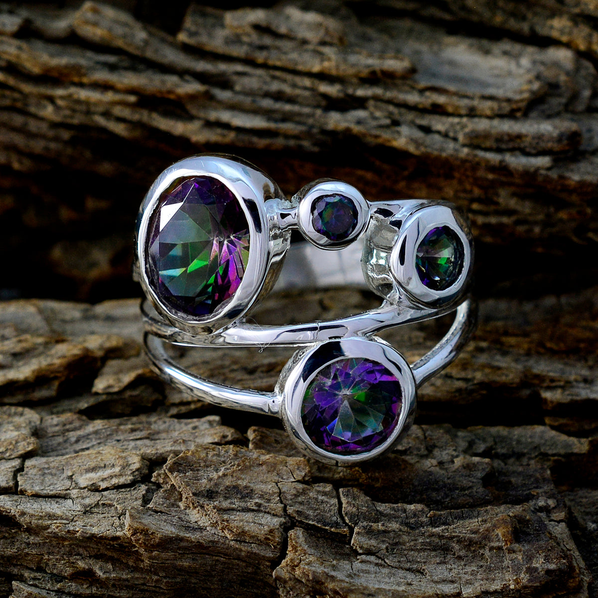 Mystic Quartz quarter Indian 925 Sterling Silver multicolor Gems Minimal Modern Ring Jewellery