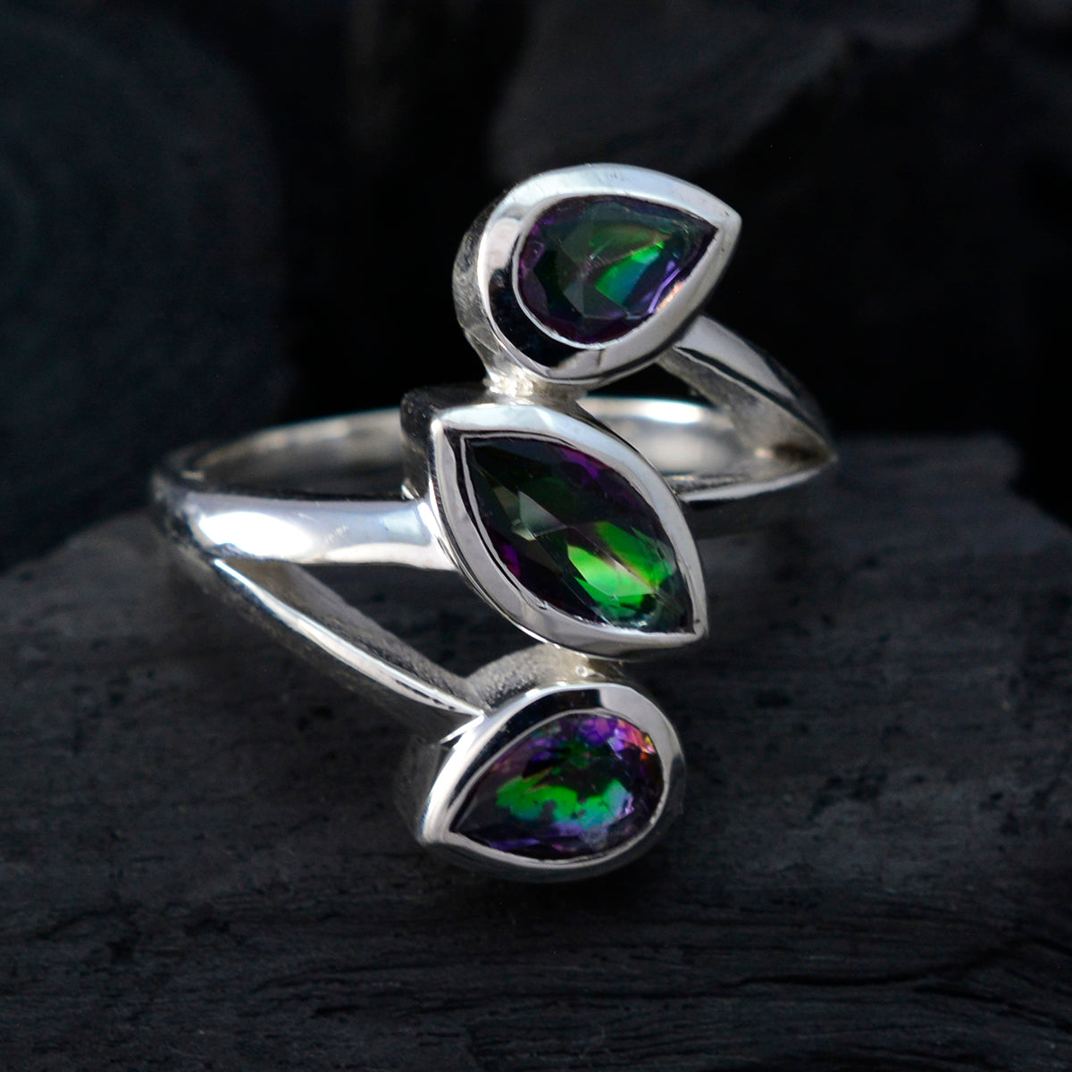 Mystic Quartz Trilogy Russian Sterling Silver multicolor Gemstone Mid weight Signet Ring Jewelry