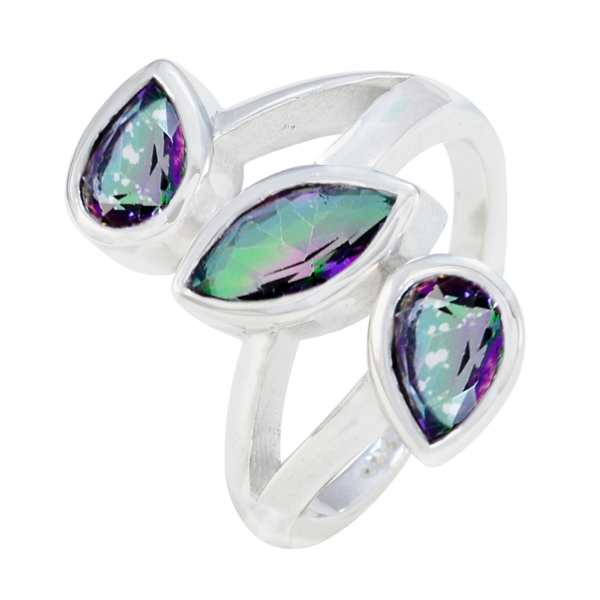 Bague chevalière de poids moyen en argent sterling russe avec trilogie de quartz mystique et pierres précieuses multicolores Image secondaire du produit