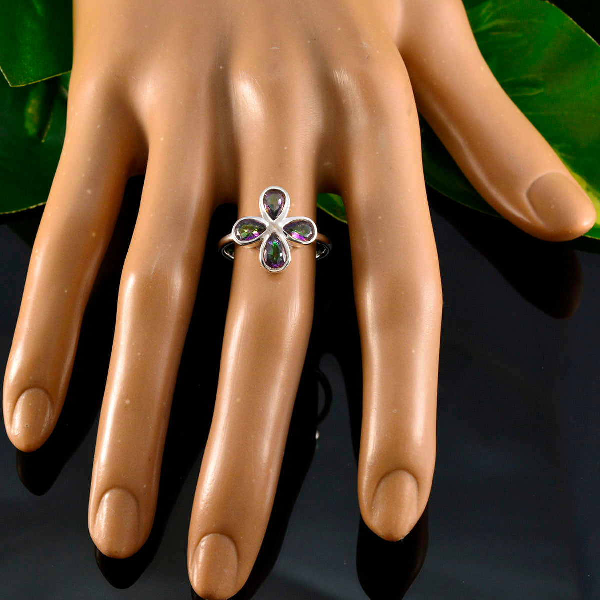 Mystic Quartz quarter Korean 925 Sterling Silver multicolor Gemstones Dainty Floral Ring Jewellery