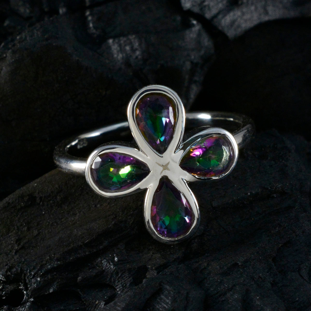 Mystic Quartz quarter Korean 925 Sterling Silver multicolor Gemstones Dainty Floral Ring Jewellery