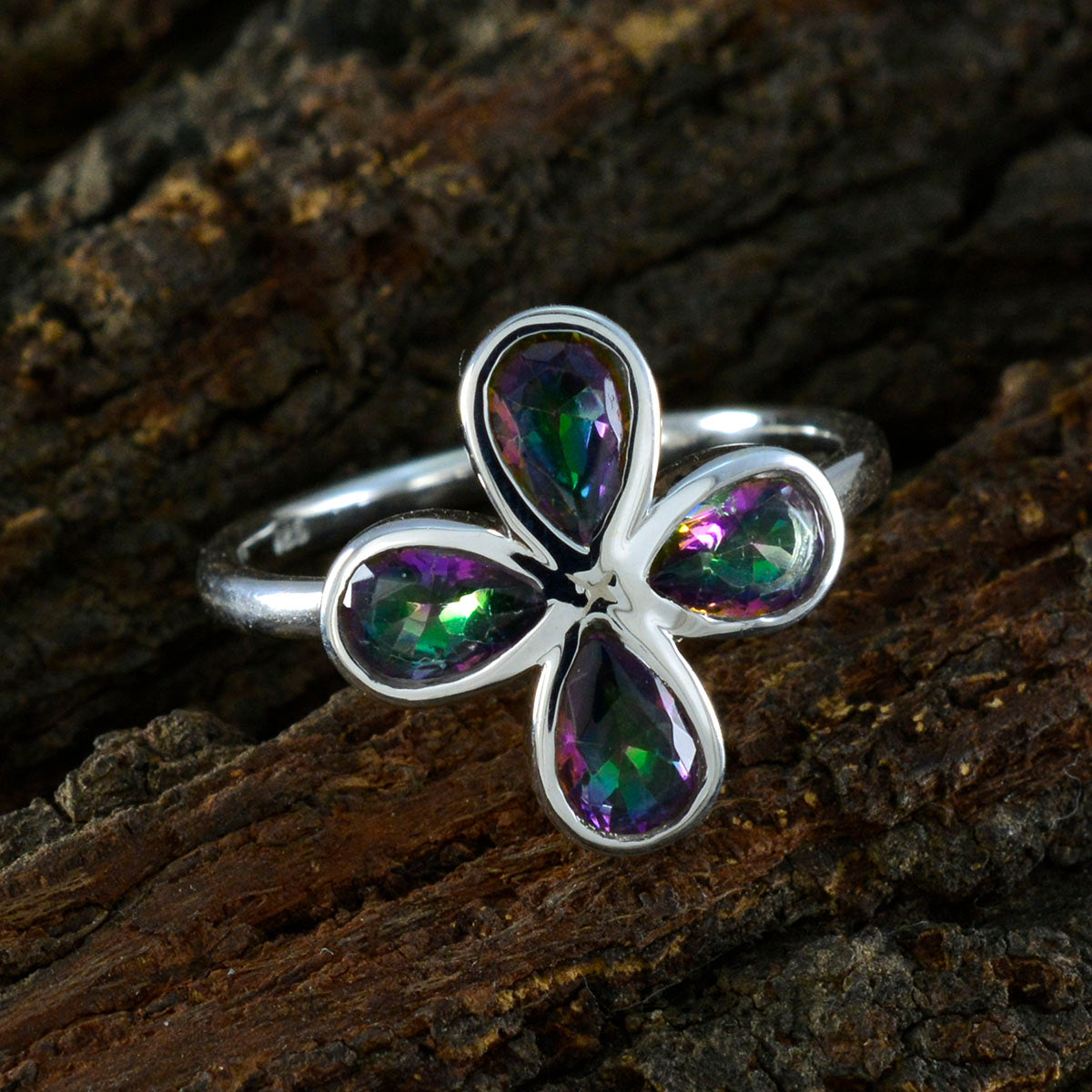 Mystic Quartz quarter Korean 925 Sterling Silver multicolor Gemstones Dainty Floral Ring Jewellery