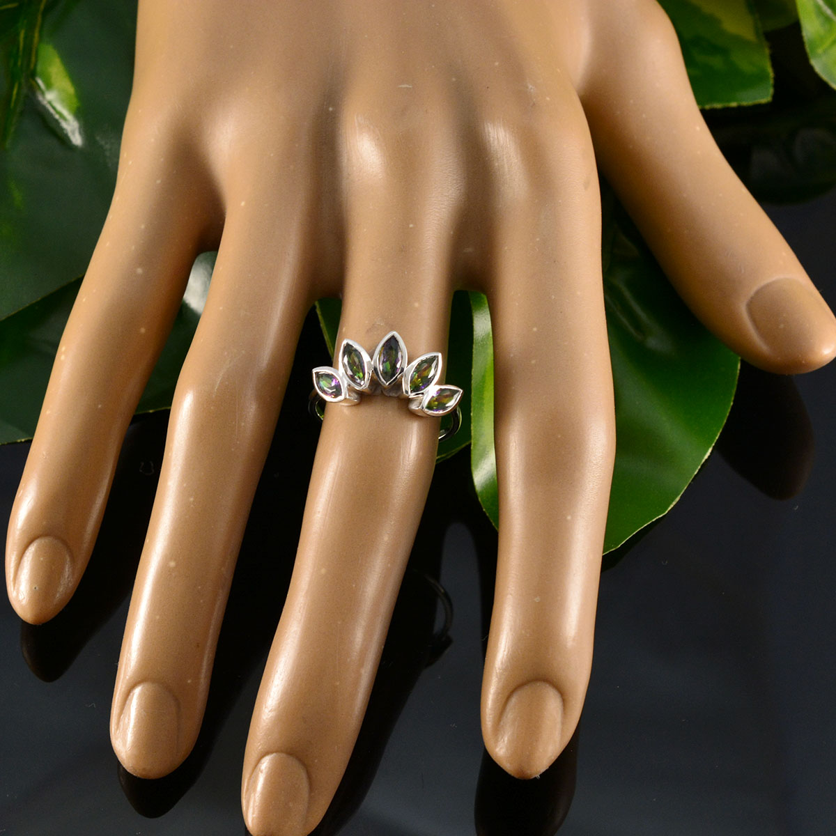 Mystic Quartz Penta Korean 925 Sterling Silver multicolor Gems Delicate crown Ring Jewellery