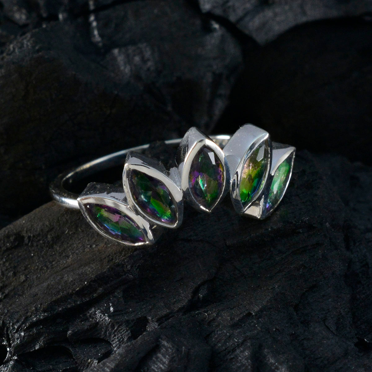 Mystic Quartz Penta Korean 925 Sterling Silber mehrfarbige Edelsteine Zarte Krone Ring Schmuck