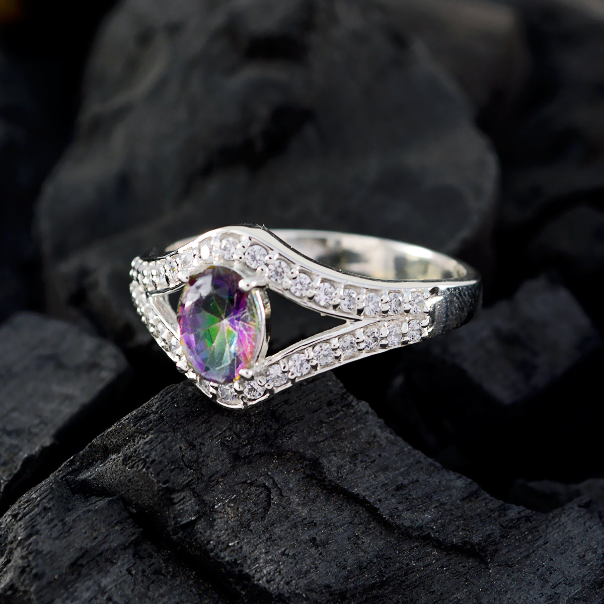 Mystic Quartz Halo African 925 Sterling Silver multicolor Gemstone Tiny Abstract Ring Jewellery