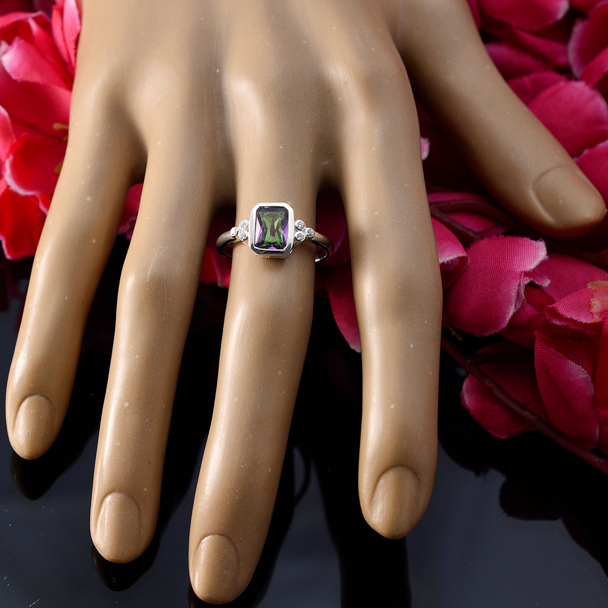 Mystic Quartz Halo Turkish 92.5 Silver multicolor Gemstone Dainty Feminine Ring Jewellery