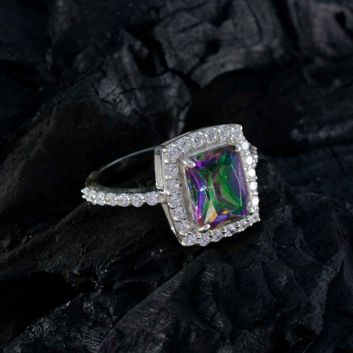 Mystic Quartz Halo Egyptian Silver multicolor Gems Minimal Cultural Ring Jewellery