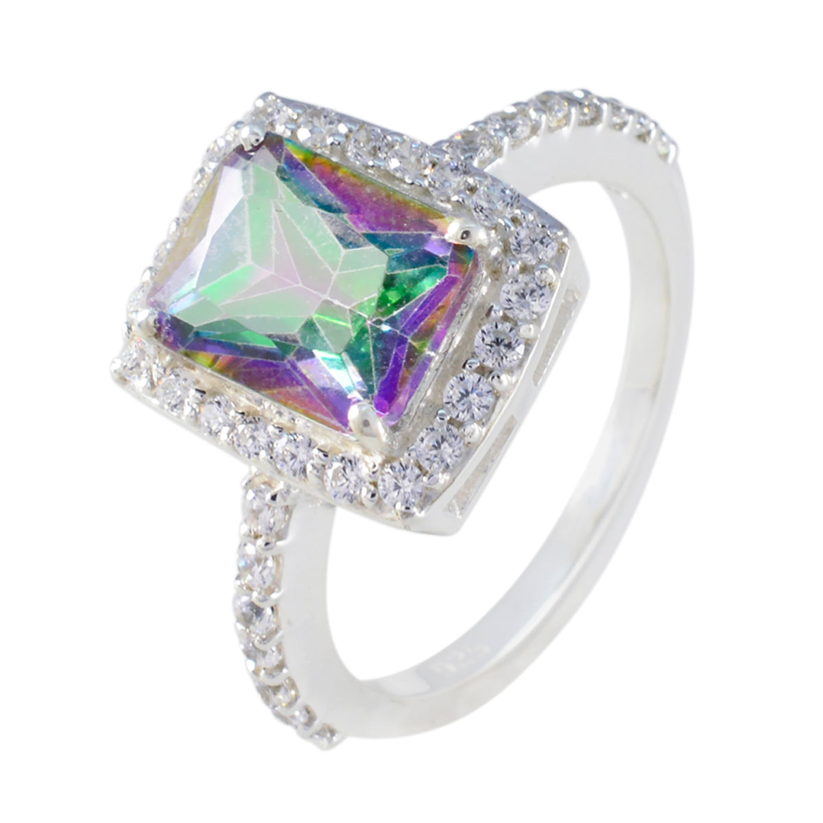 Anillo minimalista con halo de cuarzo místico y gemas multicolores de plata egipcia. Imagen secundaria del producto