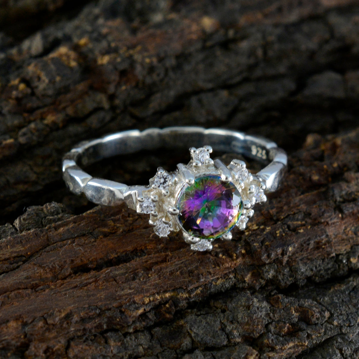 Mystic Quartz Halo American Sterling Silver multicolor Gemstones Dainty Glamorous Ring Jewelry