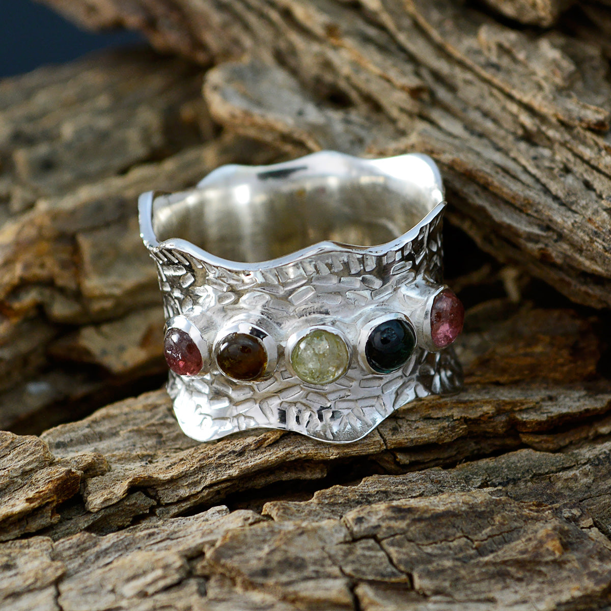 Multi Stone Penta Indian 92.5 Silver multicolor Gemstones Mid weight Vintage Band Jewellery