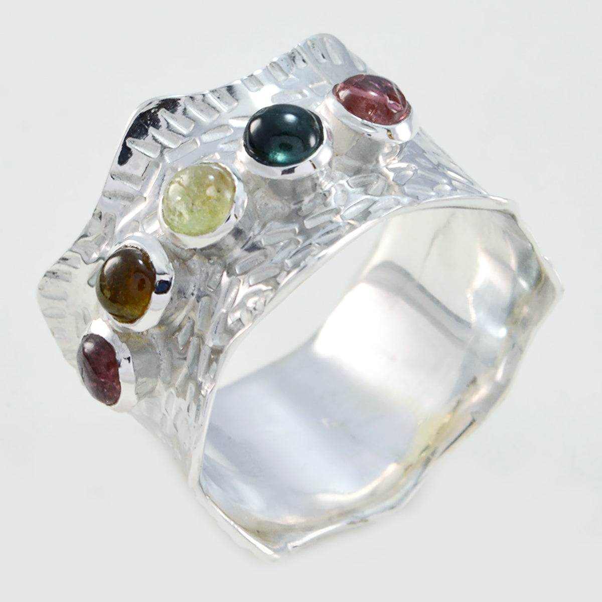 Multi Stone Penta Indian 92.5 Silver multicolor Gemstones Mid weight Vintage Band Jewellery