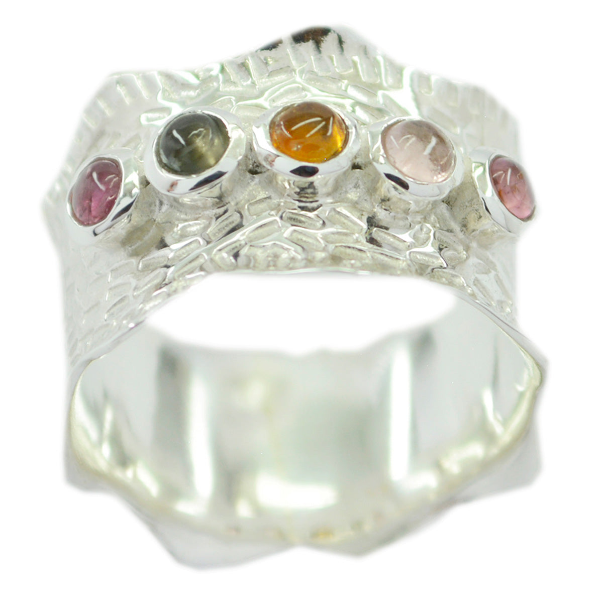 Multi Stone Penta Indian Sterling Silver multicolor Gemstone Mid weight Vintage Band Jewelry
