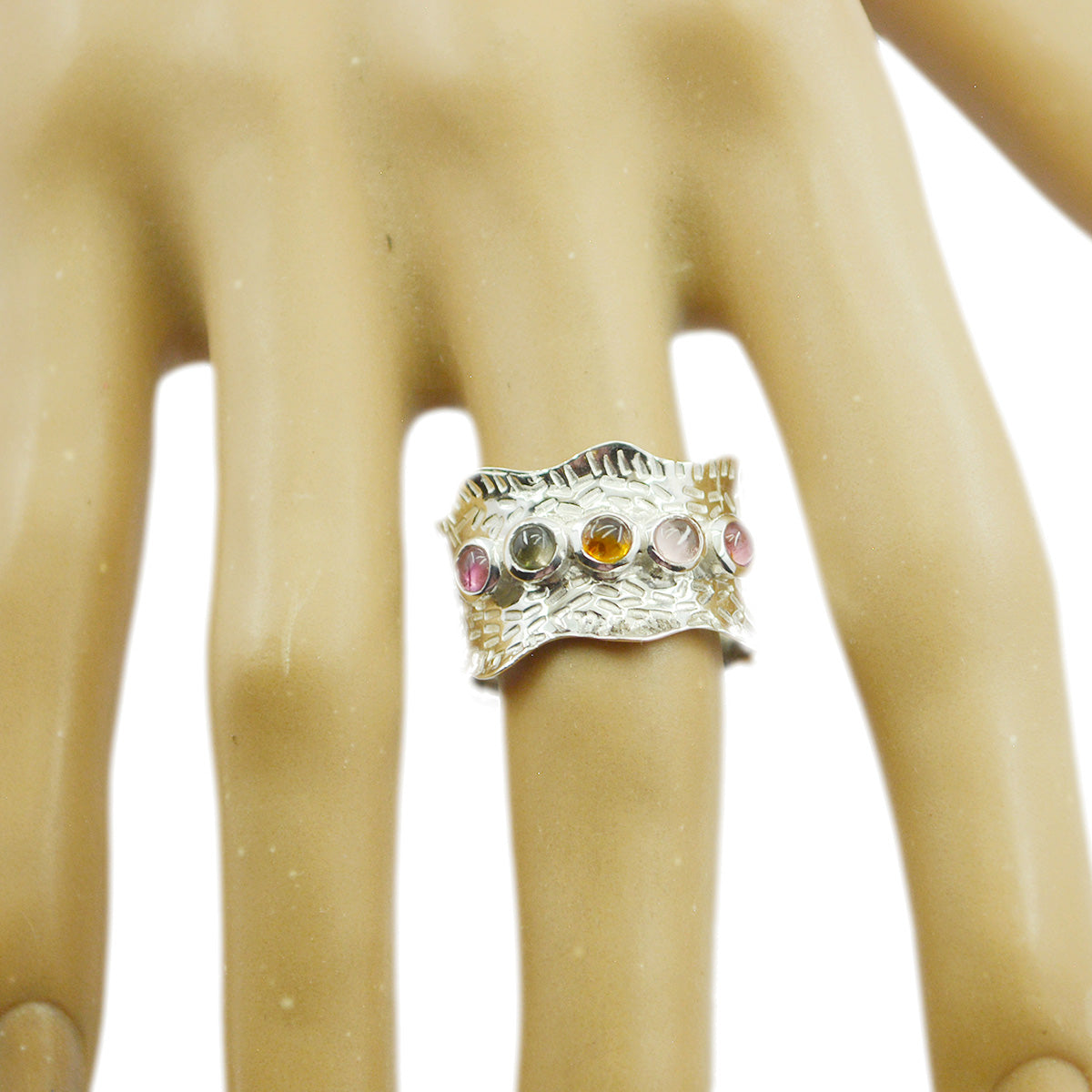 Multi Stone Penta Indian Sterling Silver multicolor Gemstone Mid weight Vintage Band Jewelry