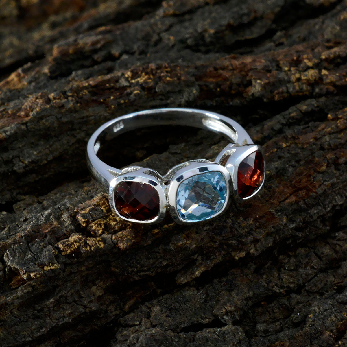 Multi Stone Trilogy French 92.5 Silver multicolor Gemstones Slim Sophisticated Ring Jewelry