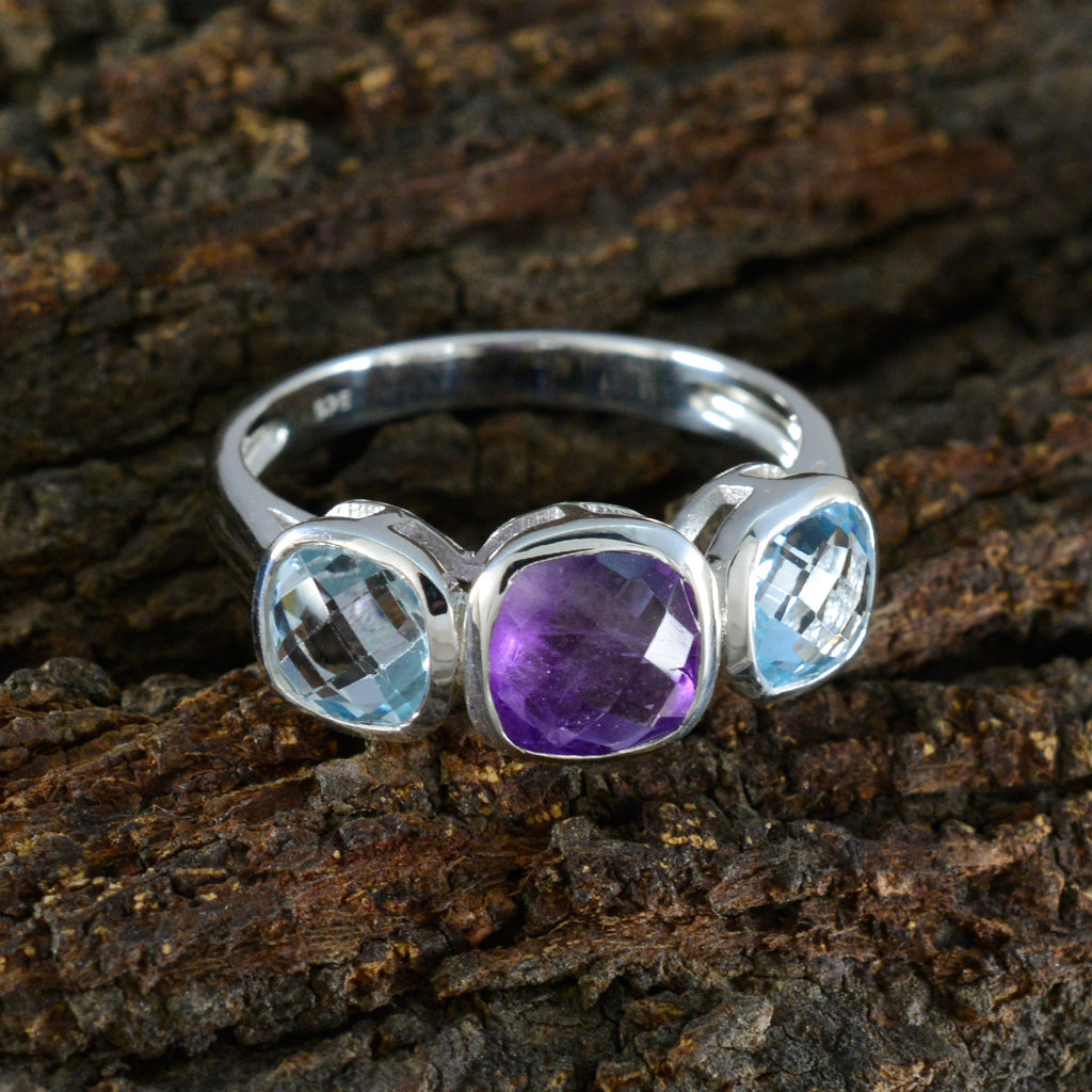 Multi Stone Trilogy Russian Silver multicolor Gemstones Slim Fairytale Ring Jewellery