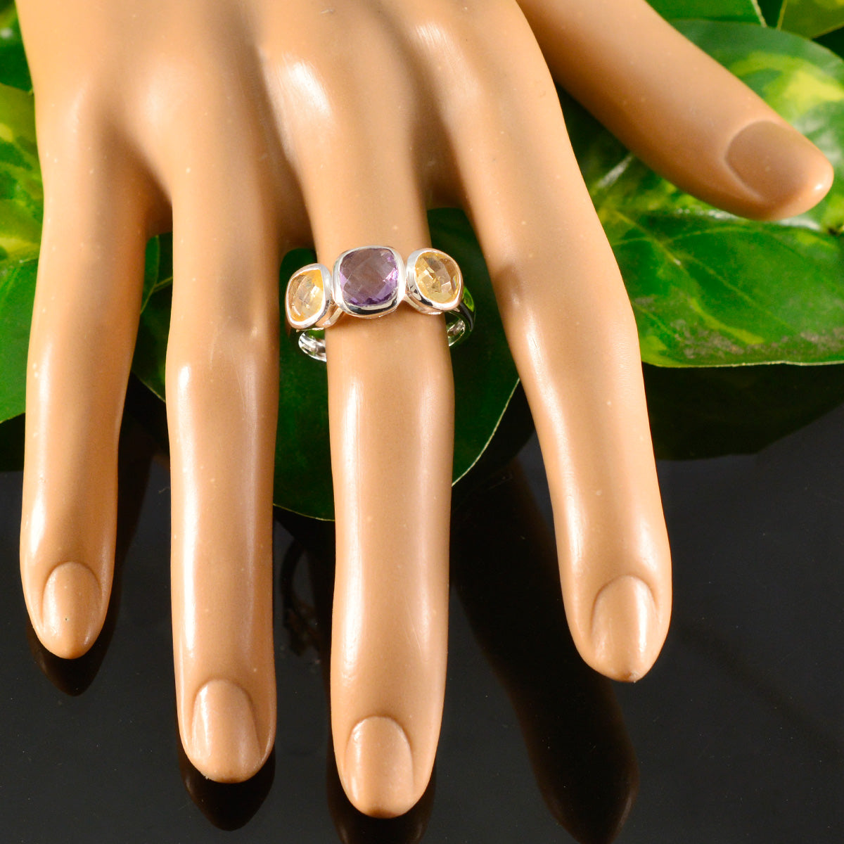 Multi Stone Trilogy Moroccan Sterling Silver multicolor Gems Slim Luxurious Ring Jewelry