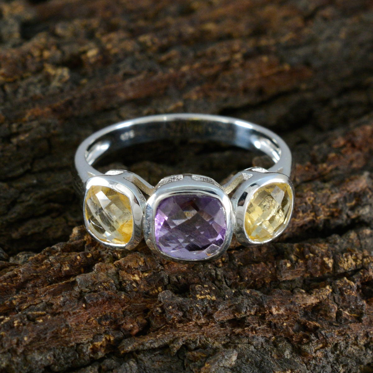 Multi Stone Trilogy Moroccan Sterling Silver multicolor Gems Slim Luxurious Ring Jewelry