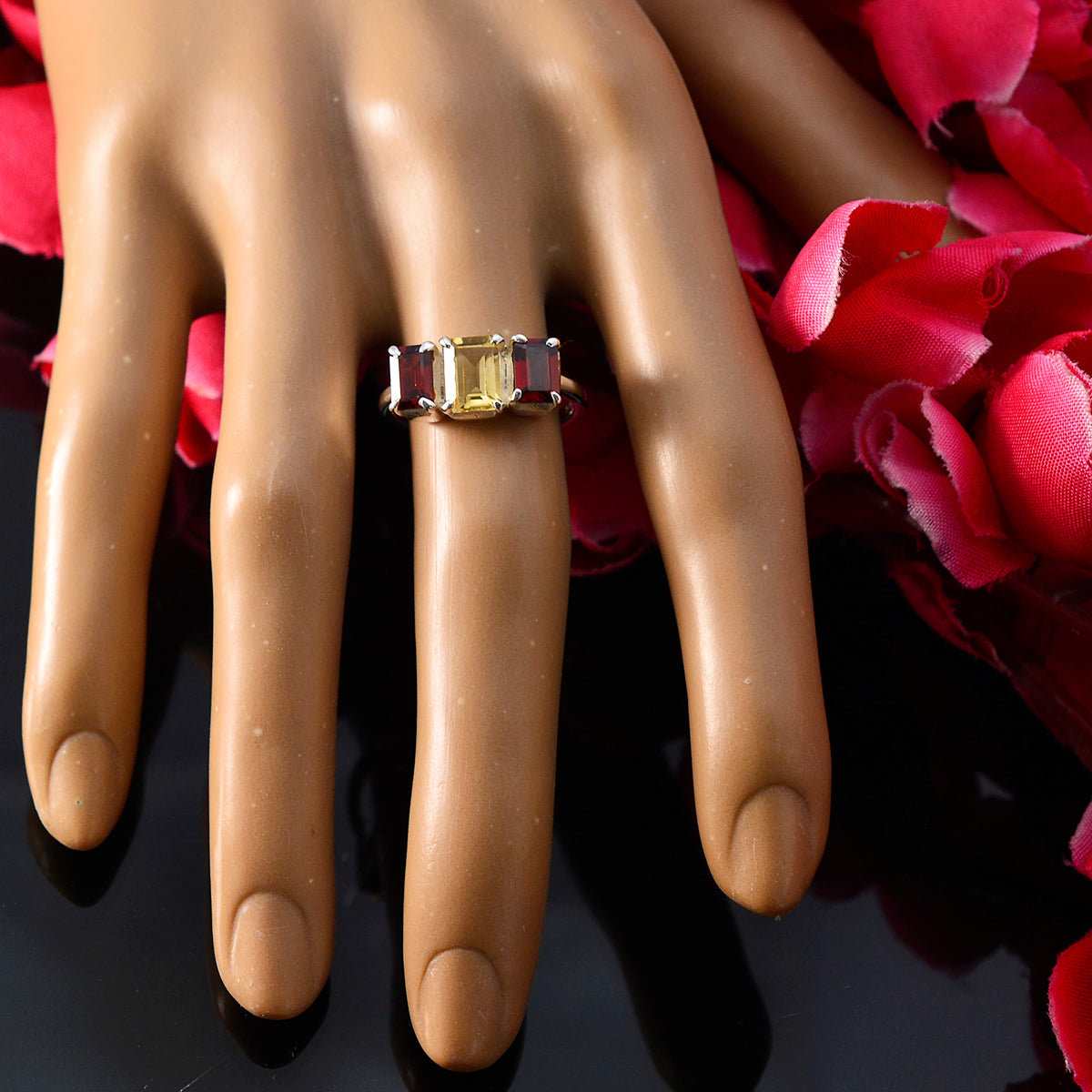 Multi Stone Trilogy French 92.5 Silver multicolor Gemstones Slim Trendy Ring Jewellery