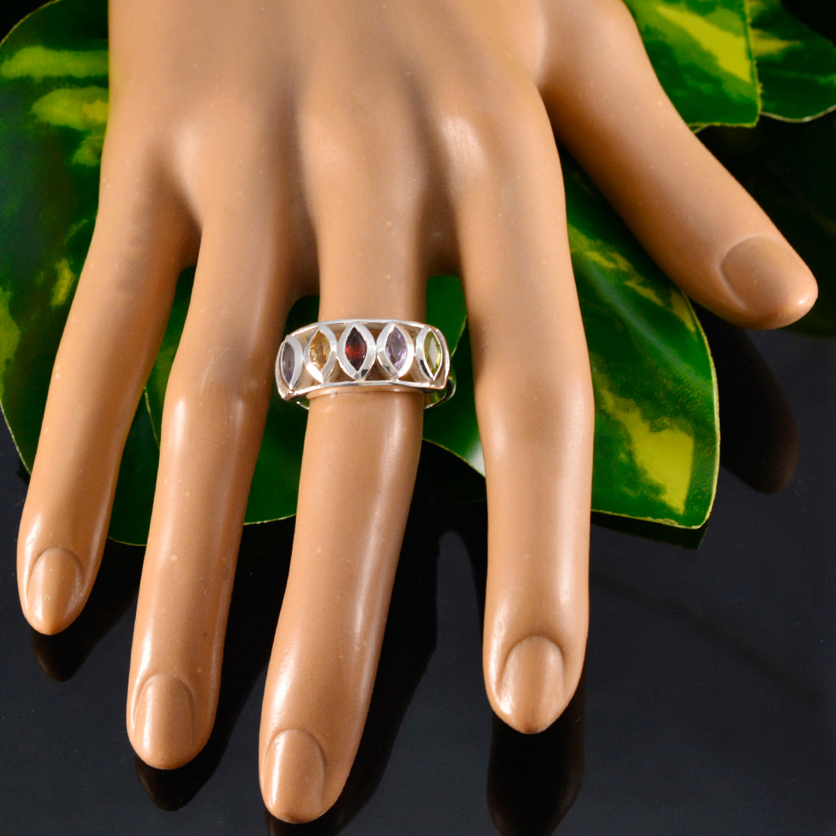 Multi Stone Penta Russian 92.5 Silver multicolor Gemstone Tiny Modern Ring Jewelry