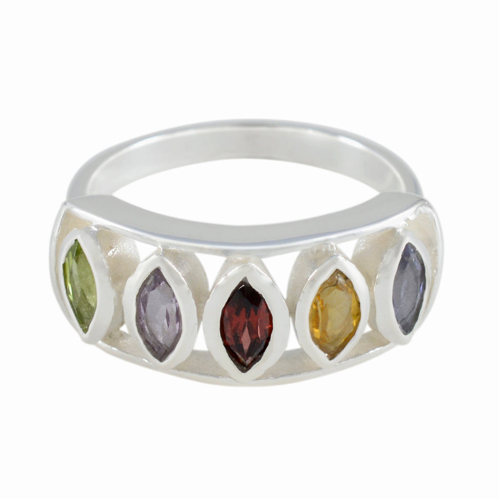 Multi Stone Penta Russian 92.5 Silver multicolor Gemstone Tiny Modern Ring Jewelry