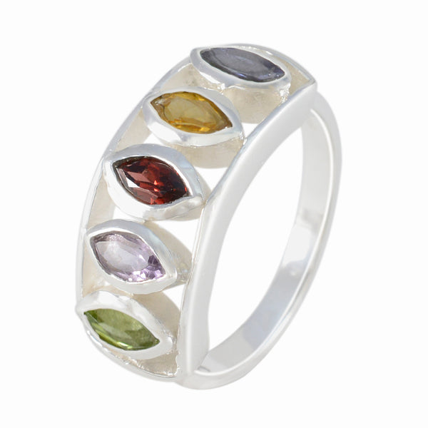 Multi Stone Penta Russian 92.5 Silver multicolor Gemstone Tiny Modern Ring Jewelry