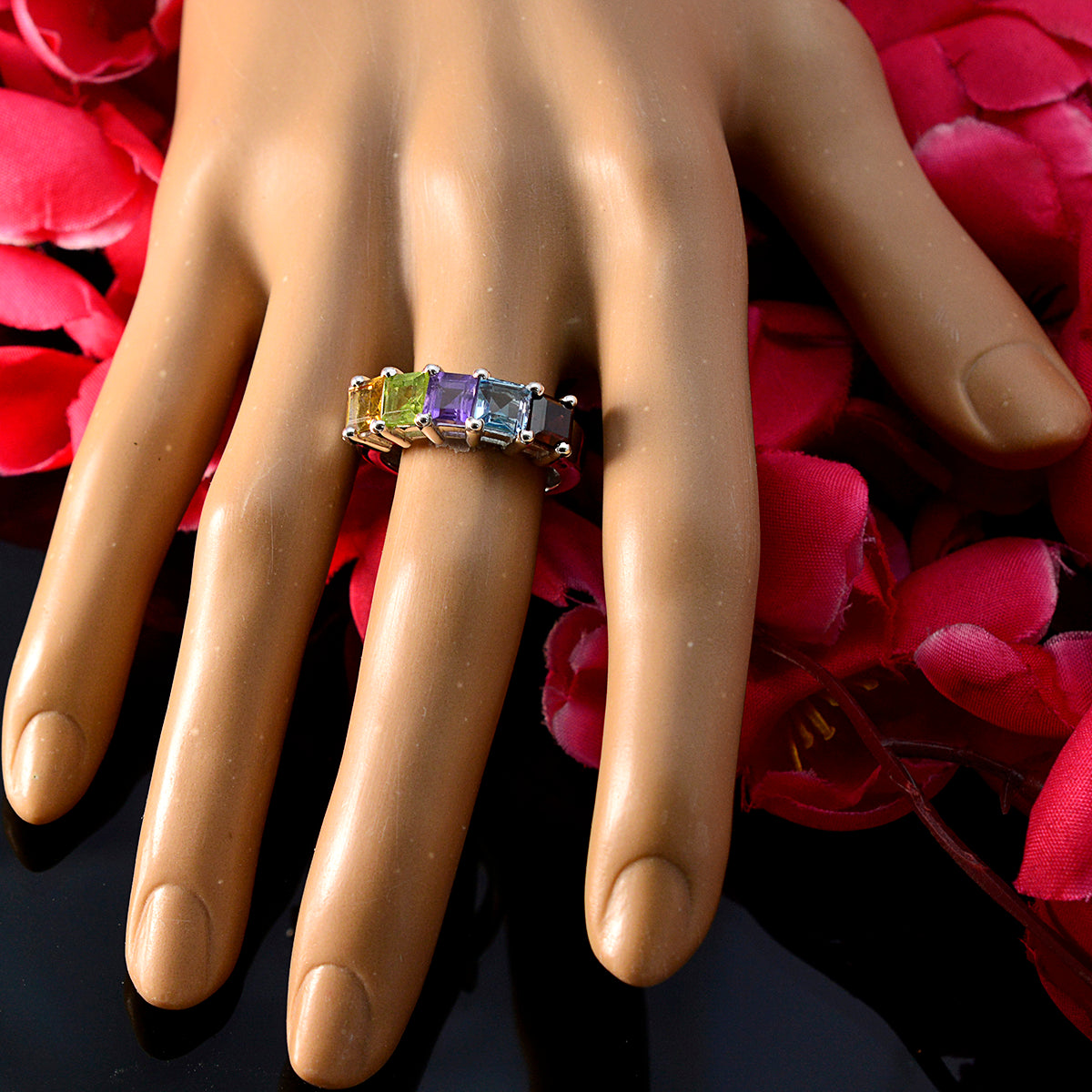 Multi Stone Penta German Sterling Silver multicolor Gemstones Classic Romantic Ring Jewelry