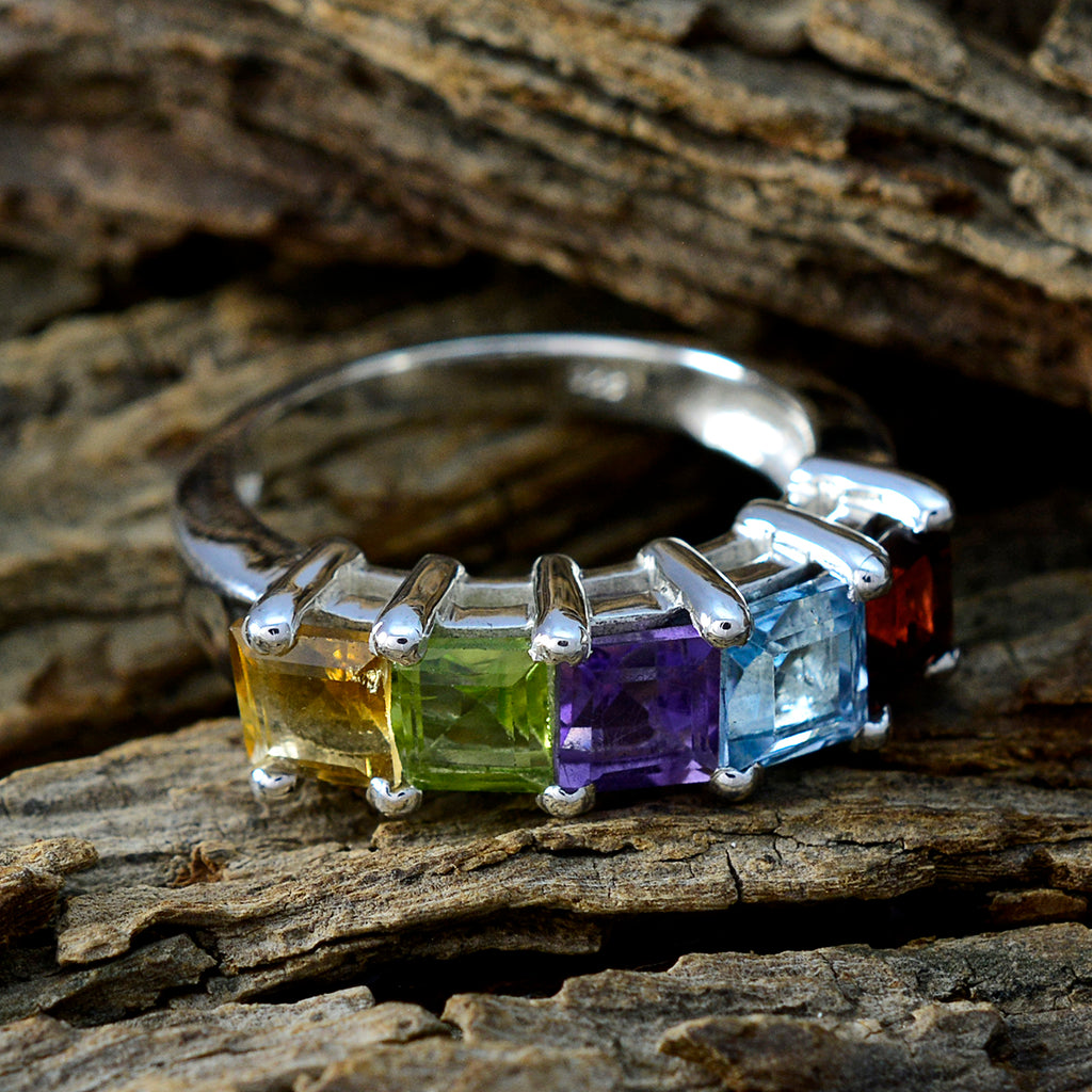 Multi Stone Penta German Sterling Silver multicolor Gemstones Classic Romantic Ring Jewelry