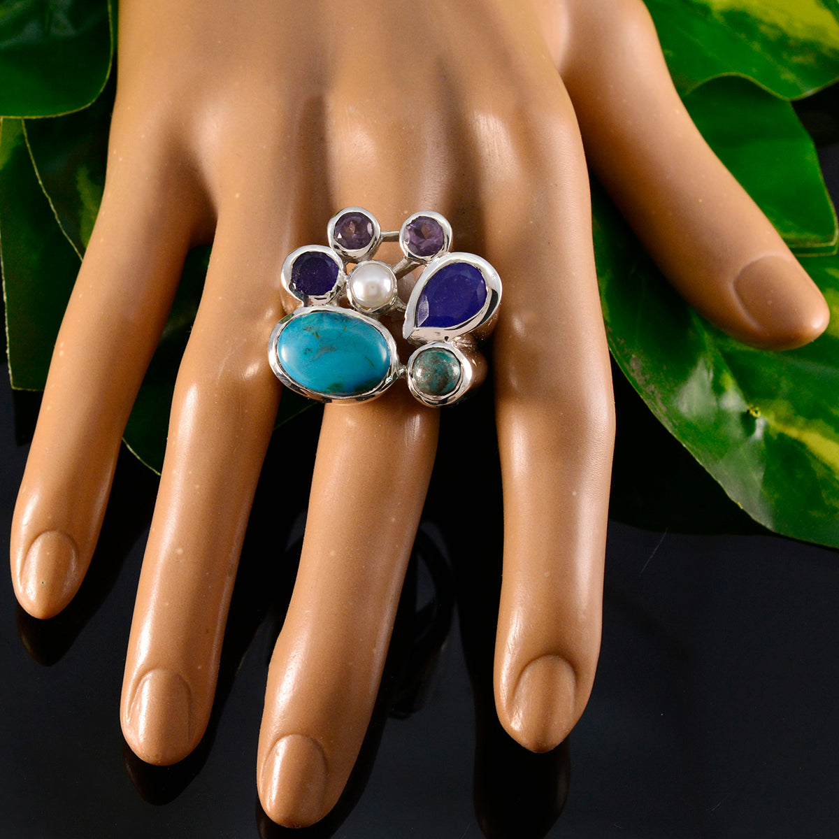 Multi Stone multiple Spanish Sterling Silver multicolor Gems Chunky Cocktail Ring Jewelry