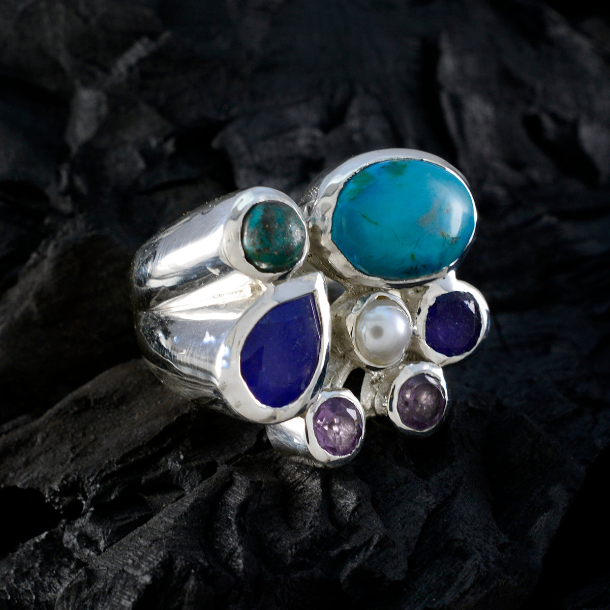 Multi Stone multiple Spanish Sterling Silver multicolor Gems Chunky Cocktail Ring Jewelry