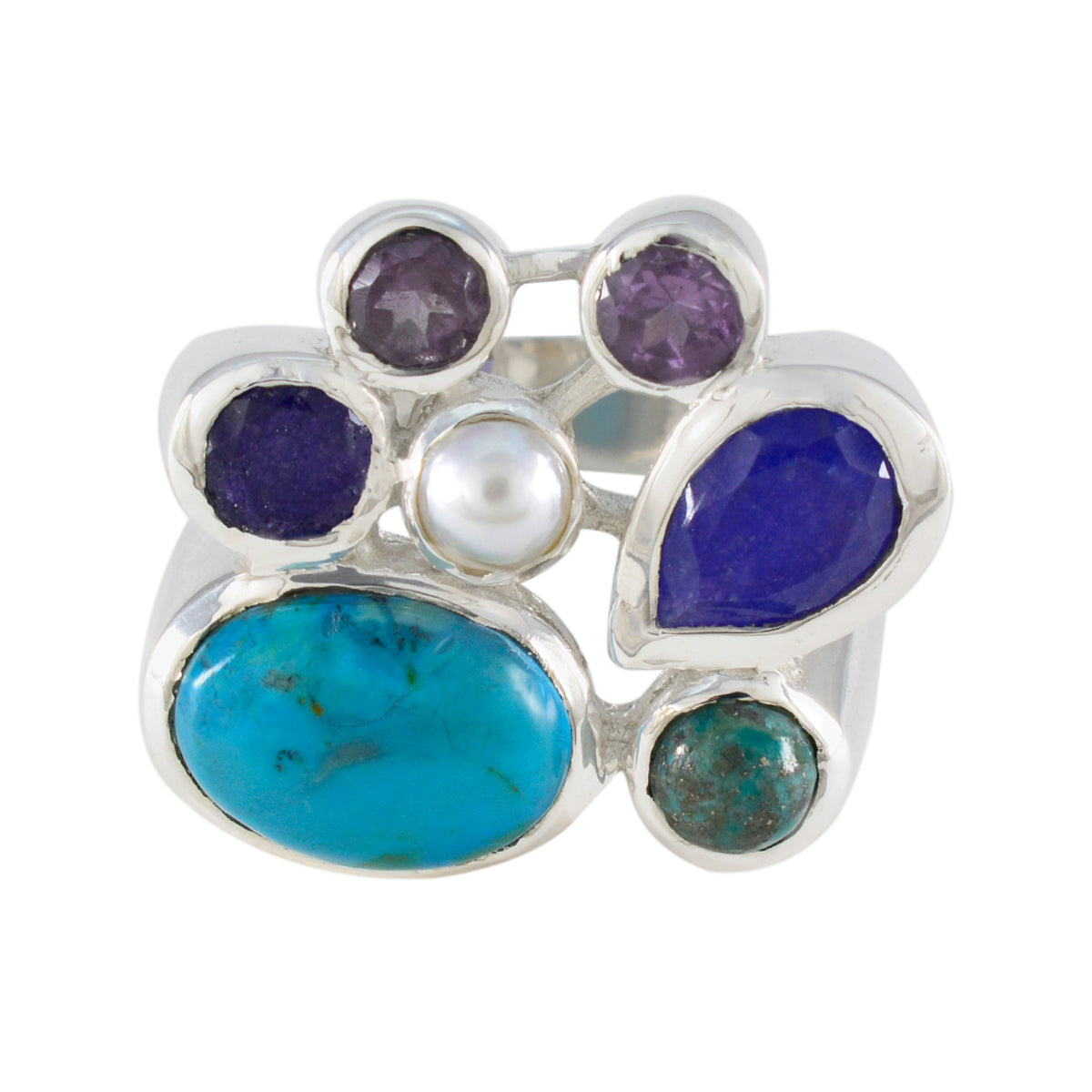 Multi Stone multiple Spanish Sterling Silver multicolor Gems Chunky Cocktail Ring Jewelry Huvudsaklig produktbild