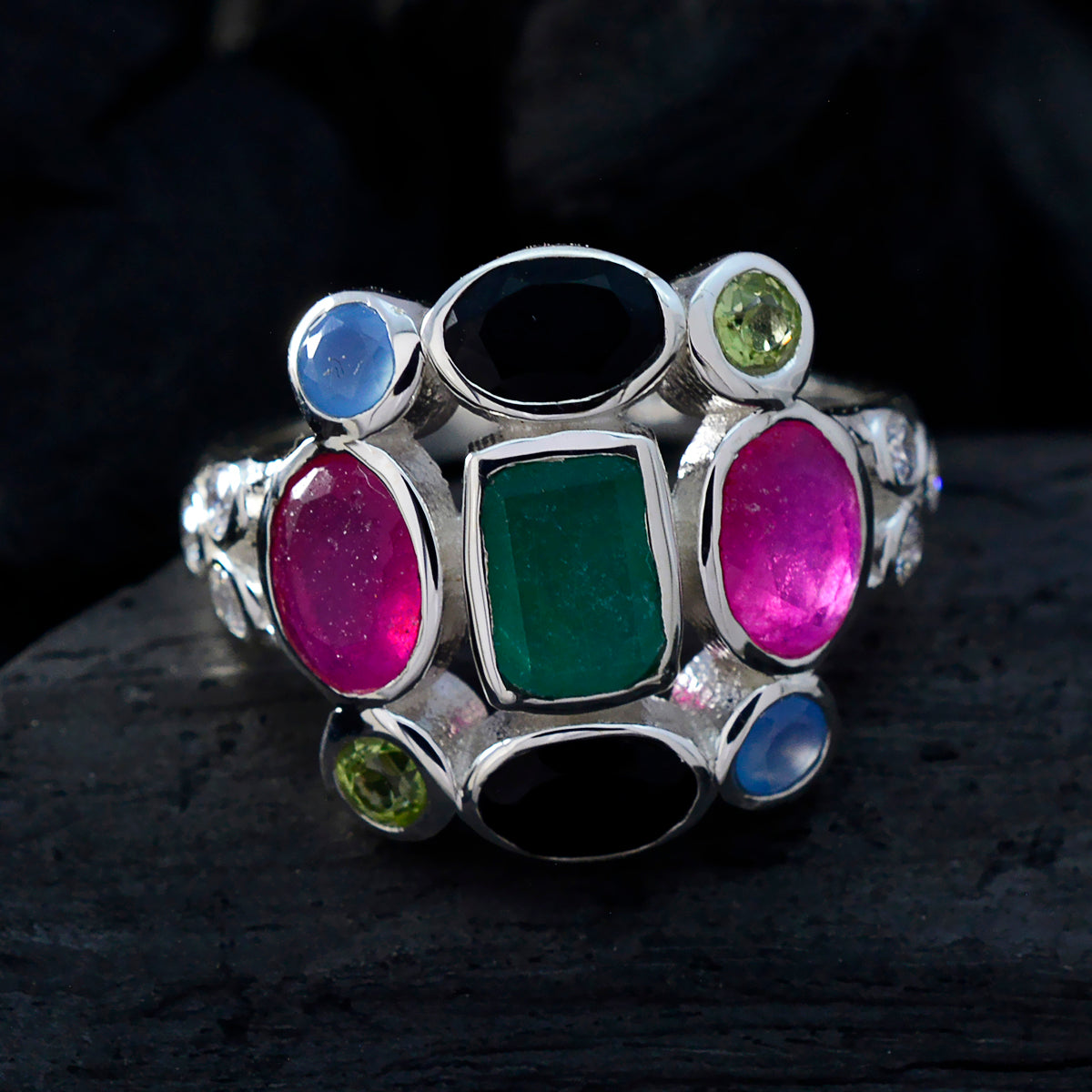 Multi Stone Navratna Egyptian 92.5 Silver multicolor Gemstones Classic Cocktail Ring Jewellery