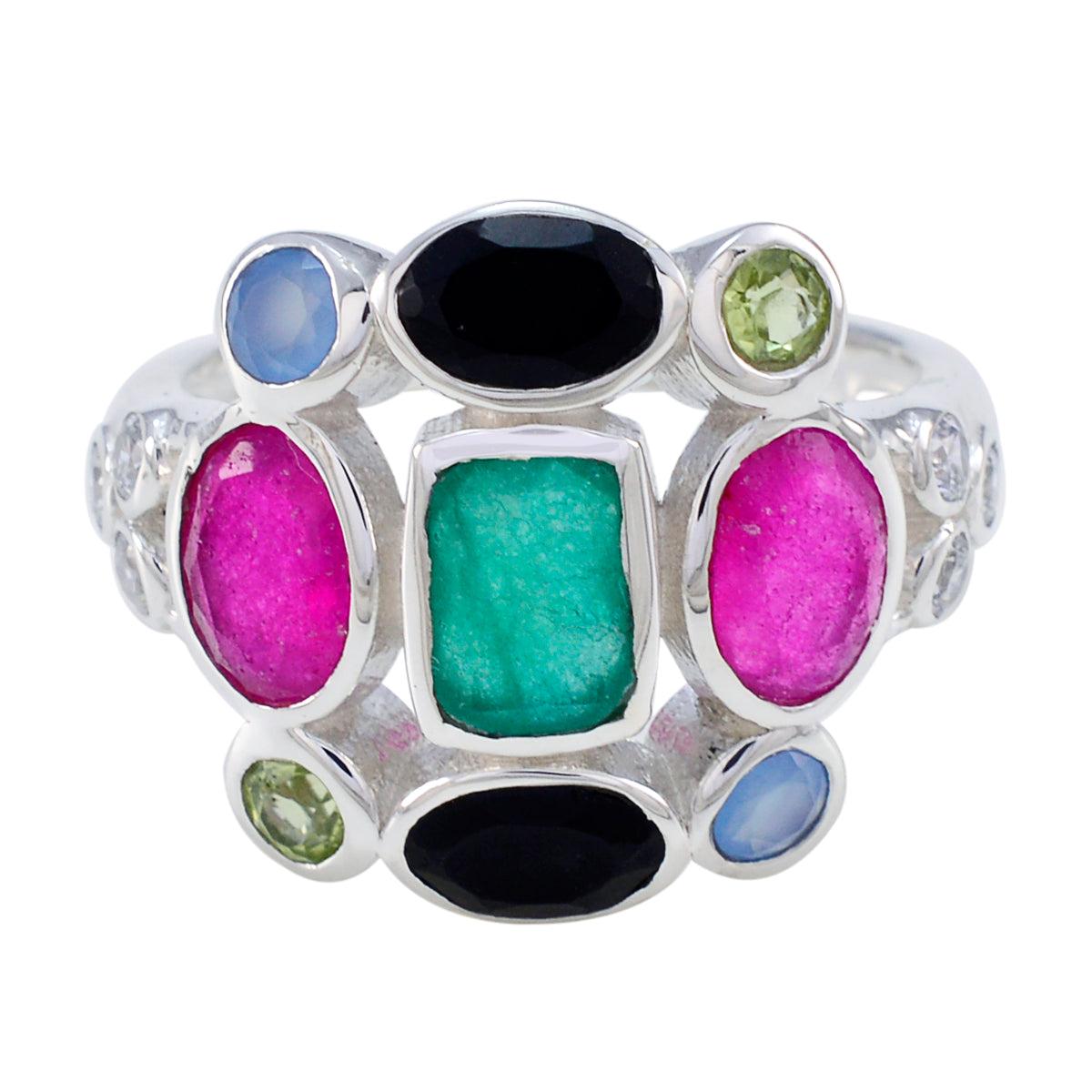 Multi Stone Navratna Egyptian 92.5 Silver multicolor Gemstones Classic Cocktail Ring Jewellery
