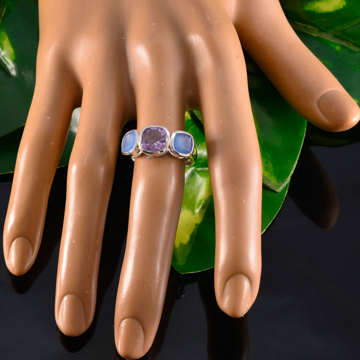 Multi Stone Trilogy Moroccan Silver multicolor Gemstones Slim Luxurious Ring Jewelry