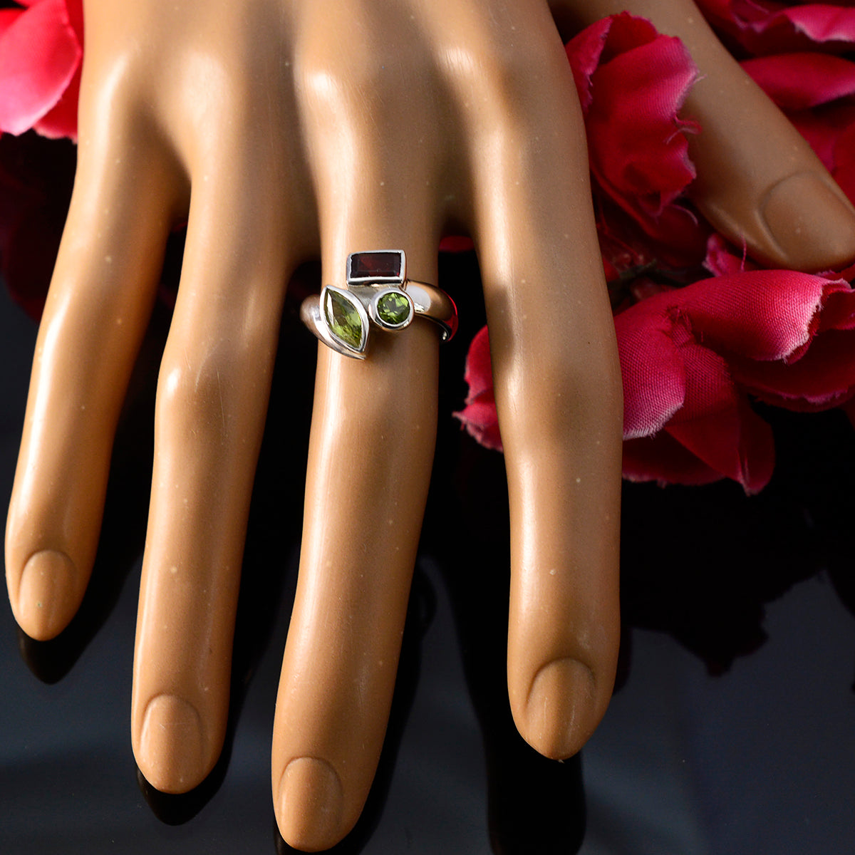 Multi Stone Trilogy Moroccan 92.5 Silver multicolor Gems Tiny Abstract Ring Jewellery