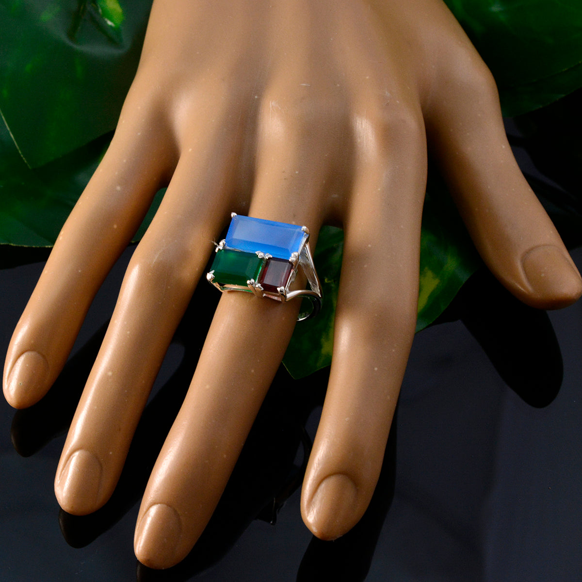 Multi Stone Trilogy French 925 Sterling Silver multicolor Gems Classic Cocktail Ring Jewellery