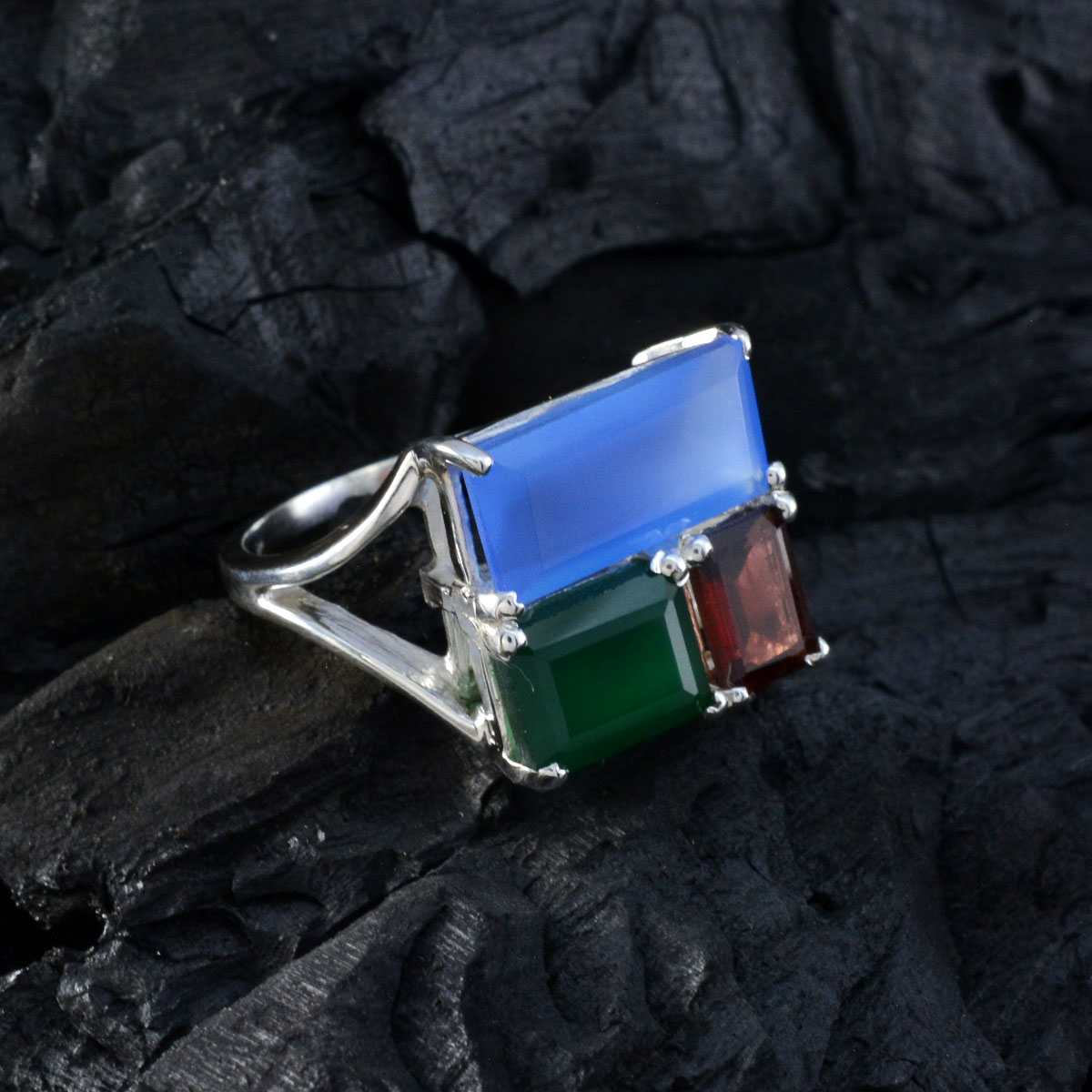 Multi Stone Trilogy French 925 Sterling Silver multicolor Gems Classic Cocktail Ring Jewellery