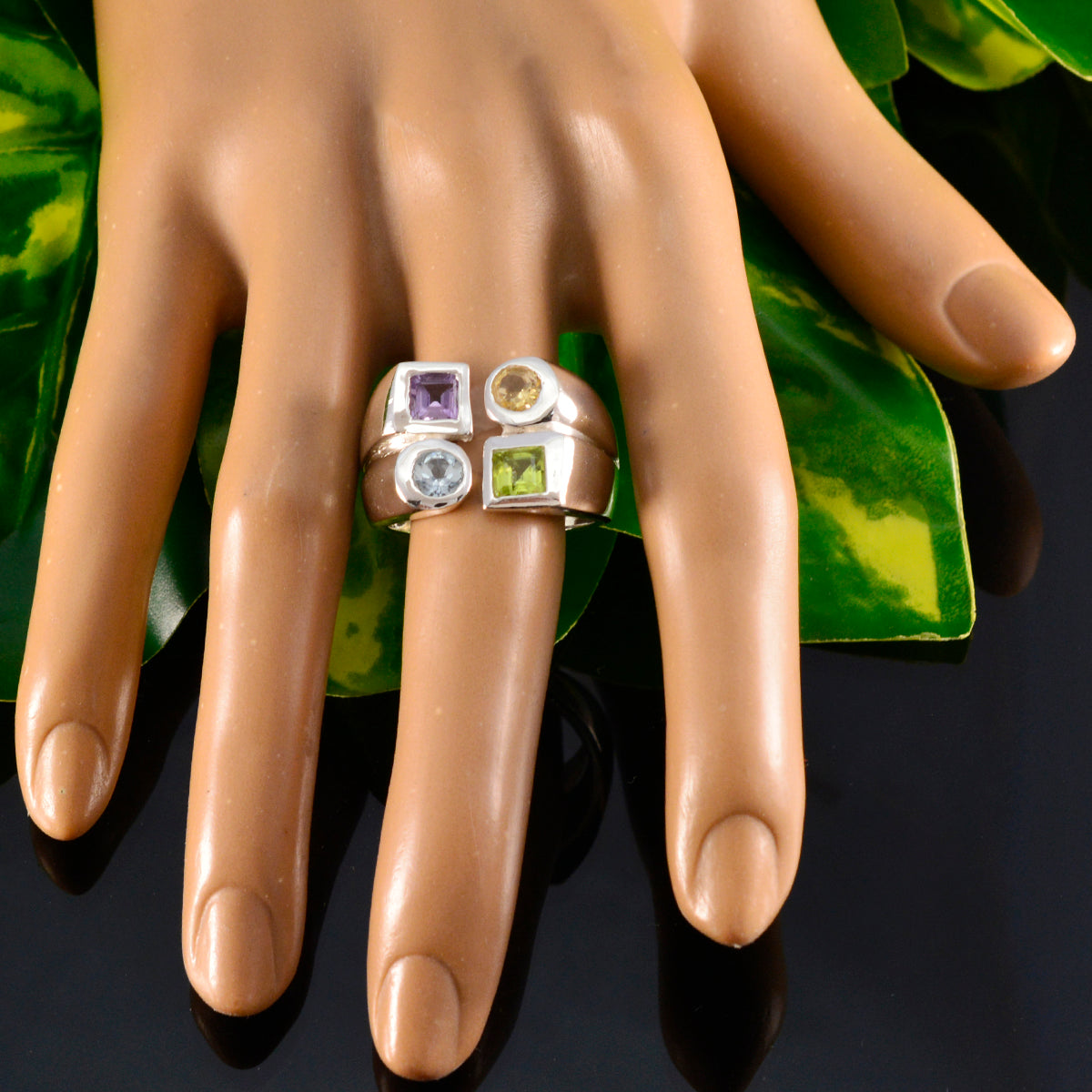 Multi Stone quarter Italian 925 Sterling Silver multicolor Gemstone Chunky Cocktail Ring Jewelry