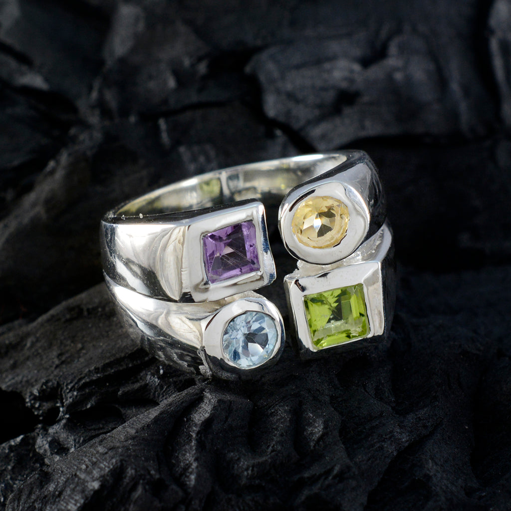Multi Stone quarter Italian 925 Sterling Silver multicolor Gemstone Chunky Cocktail Ring Jewelry