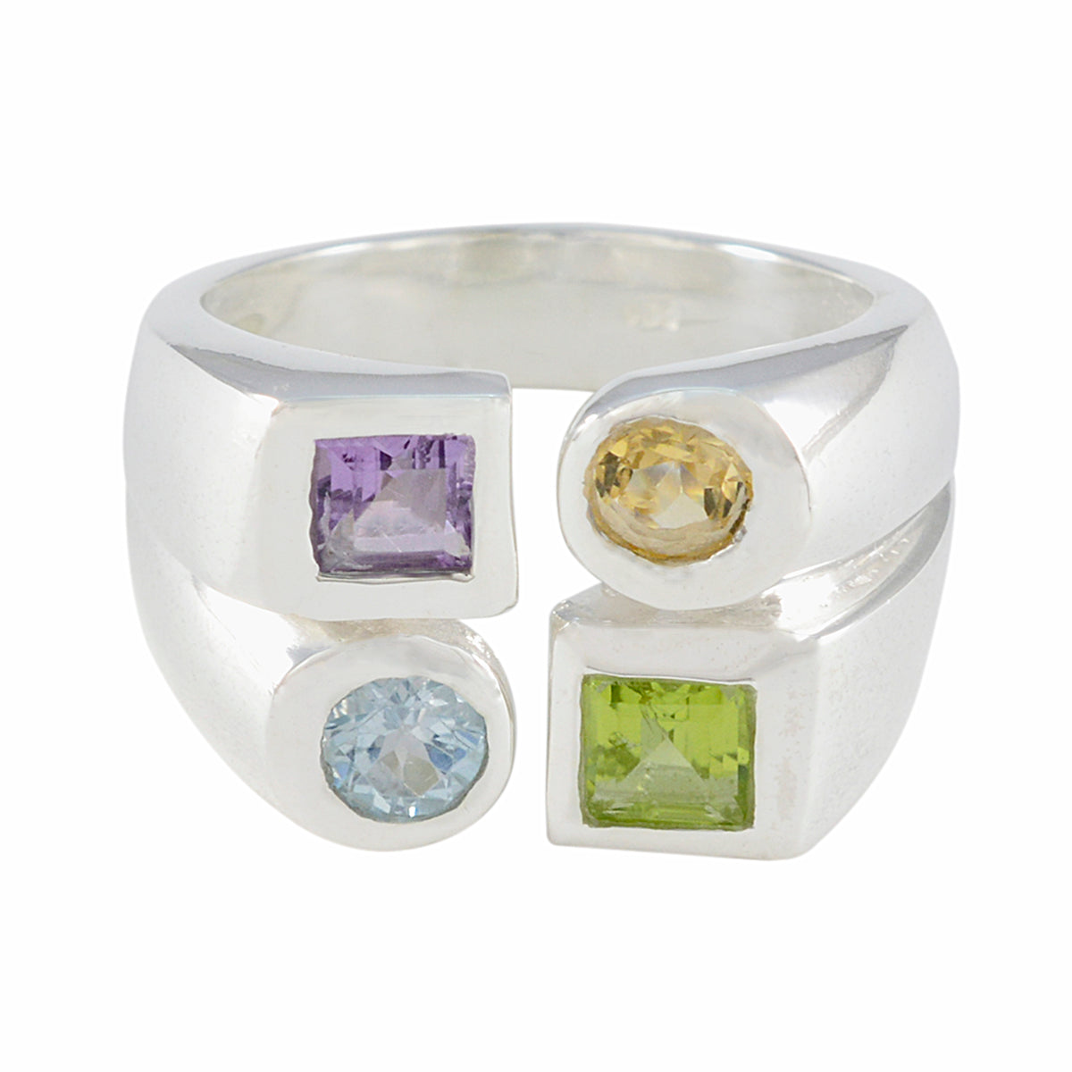 Multi Stone quarter Italian 925 Sterling Silver multicolor Gemstone Chunky Cocktail Ring Jewelry Hoofdafbeelding