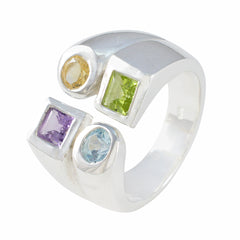 Multi Stone quarter Italian 925 Sterling Silver multicolor Gemstone Chunky Cocktail Ring Jewelry