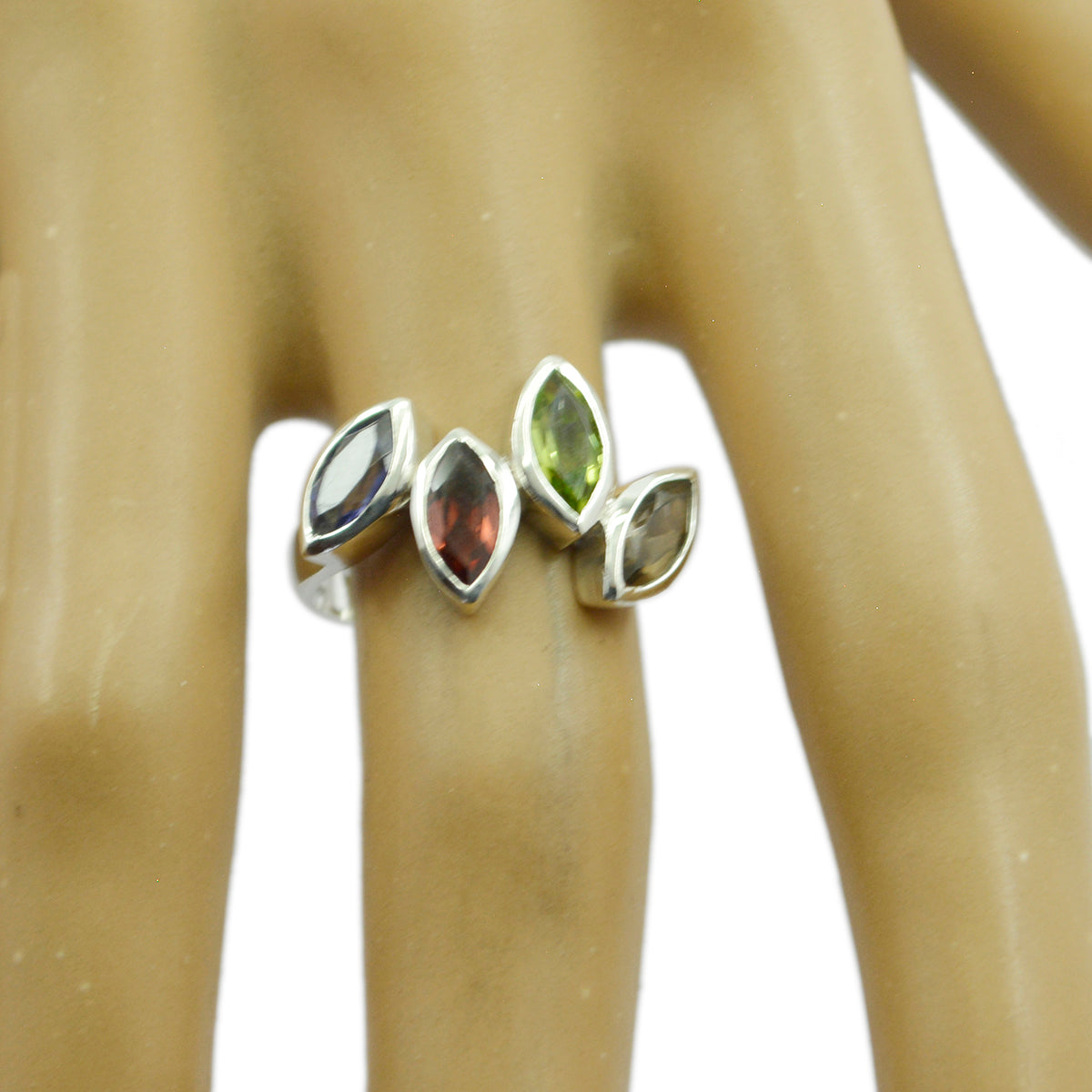 Multi Stone kwart Frans Sterling Zilver veelkleurige Edelsteen Veerlichte Sierlijke Ring Sieraden Secundaire afbeelding