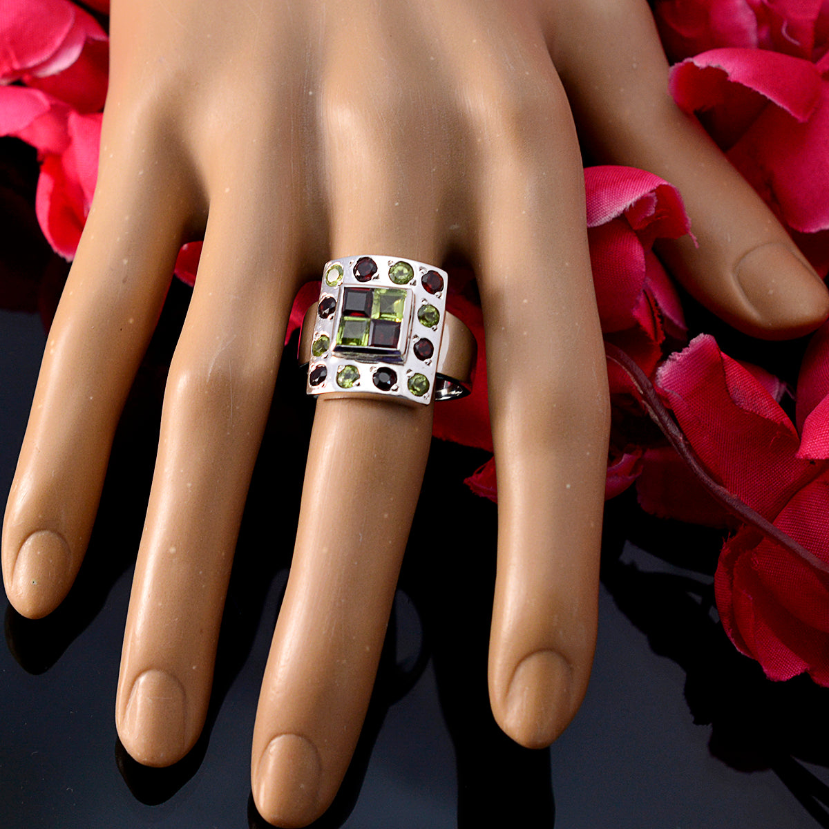 Multi Stone multiple Italian 925 Silver multicolor Gemstone Statement Cocktail Ring Jewelry