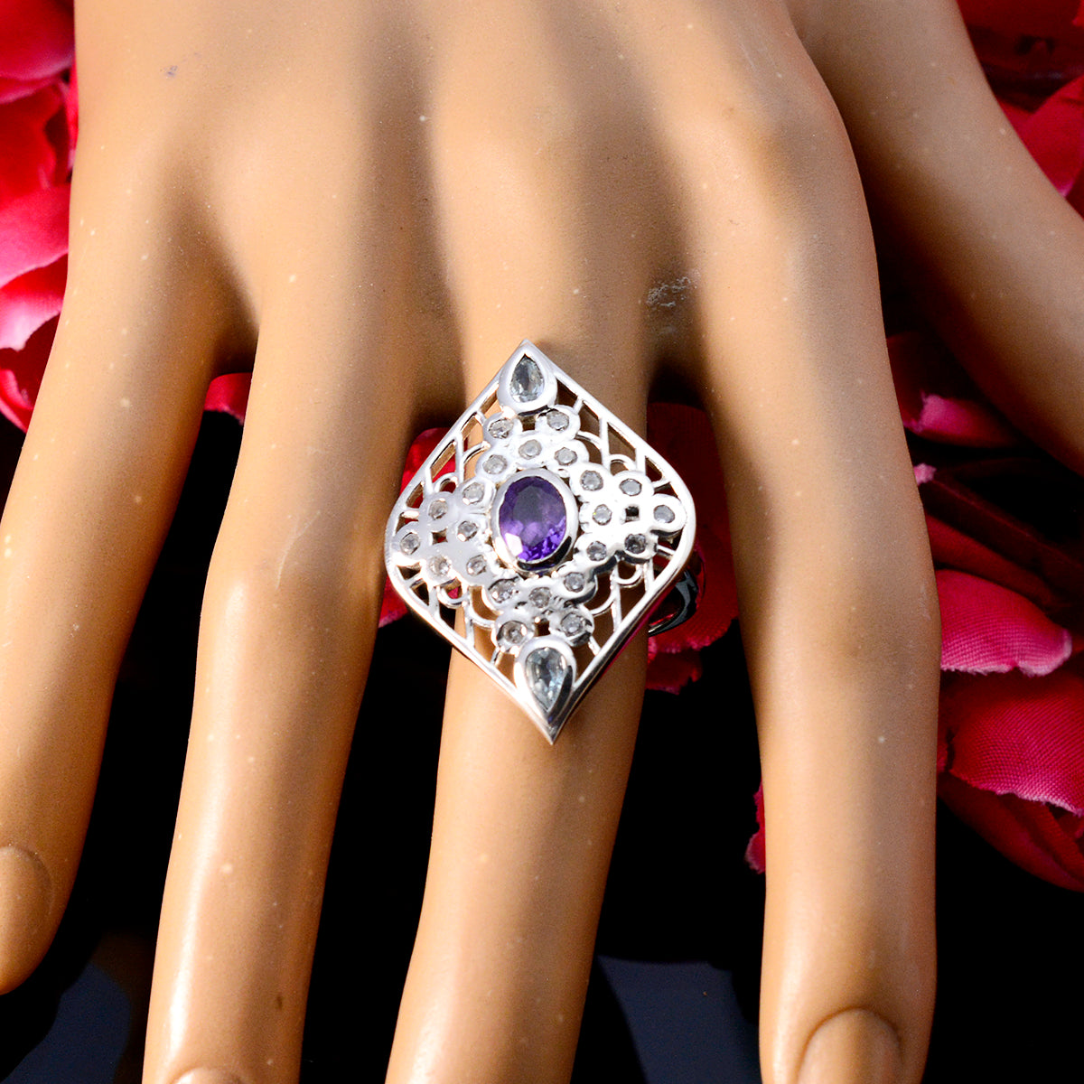 Multi Stone multiple French Silver multicolor Gems Eye catching Cocktail Ring Jewelry