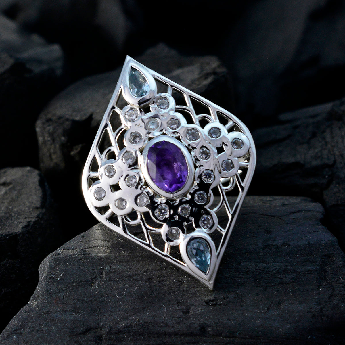 Multi Stone multiple French Silver multicolor Gems Eye catching Cocktail Ring Jewelry