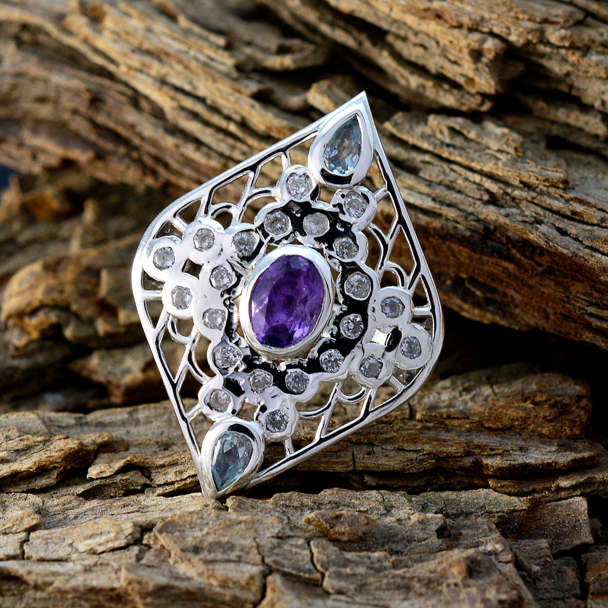 Multi Stone multiple French Silver multicolor Gems Eye catching Cocktail Ring Jewelry