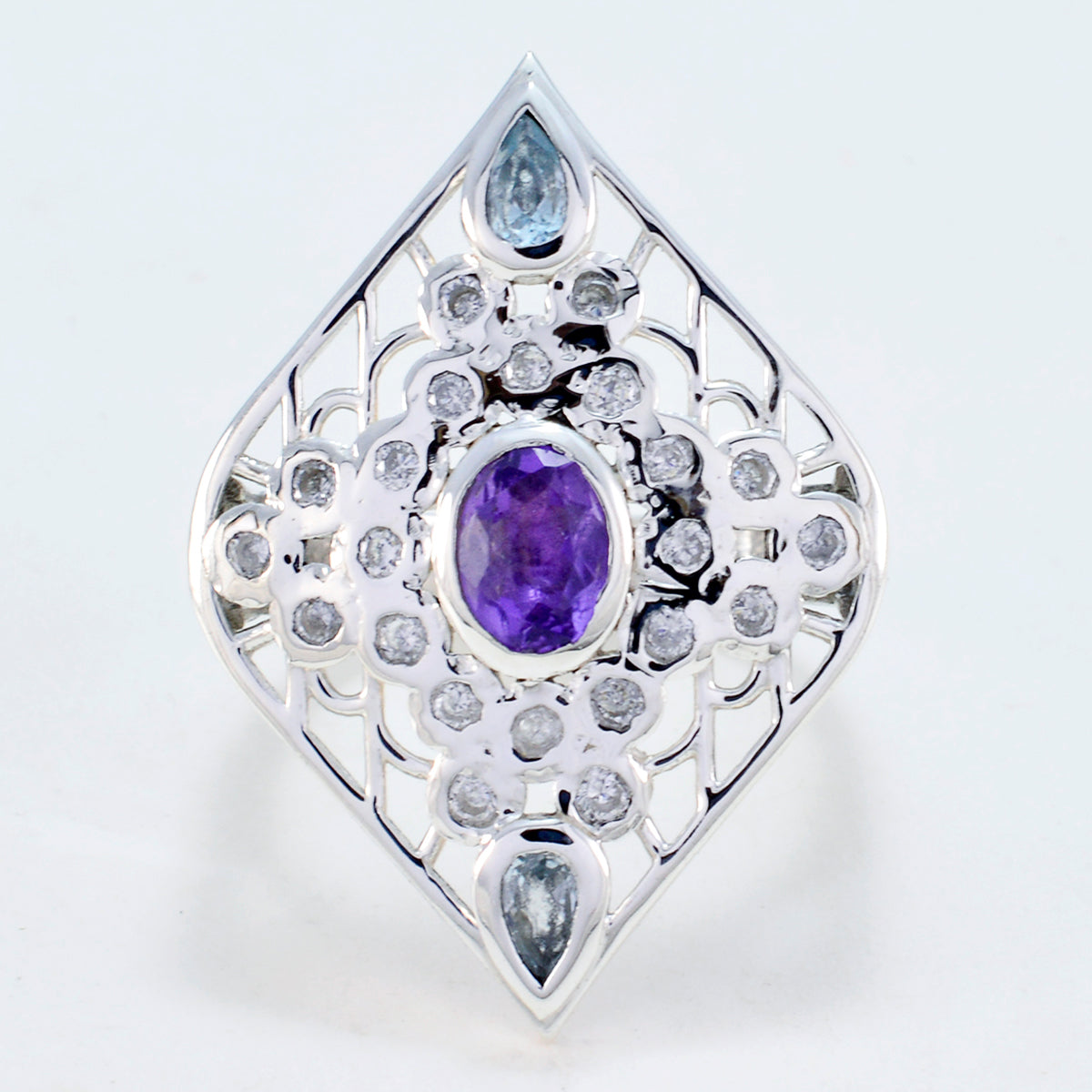 Multi Stone multiple French Silver multicolor Gems Eye catching Cocktail Ring Jewelry