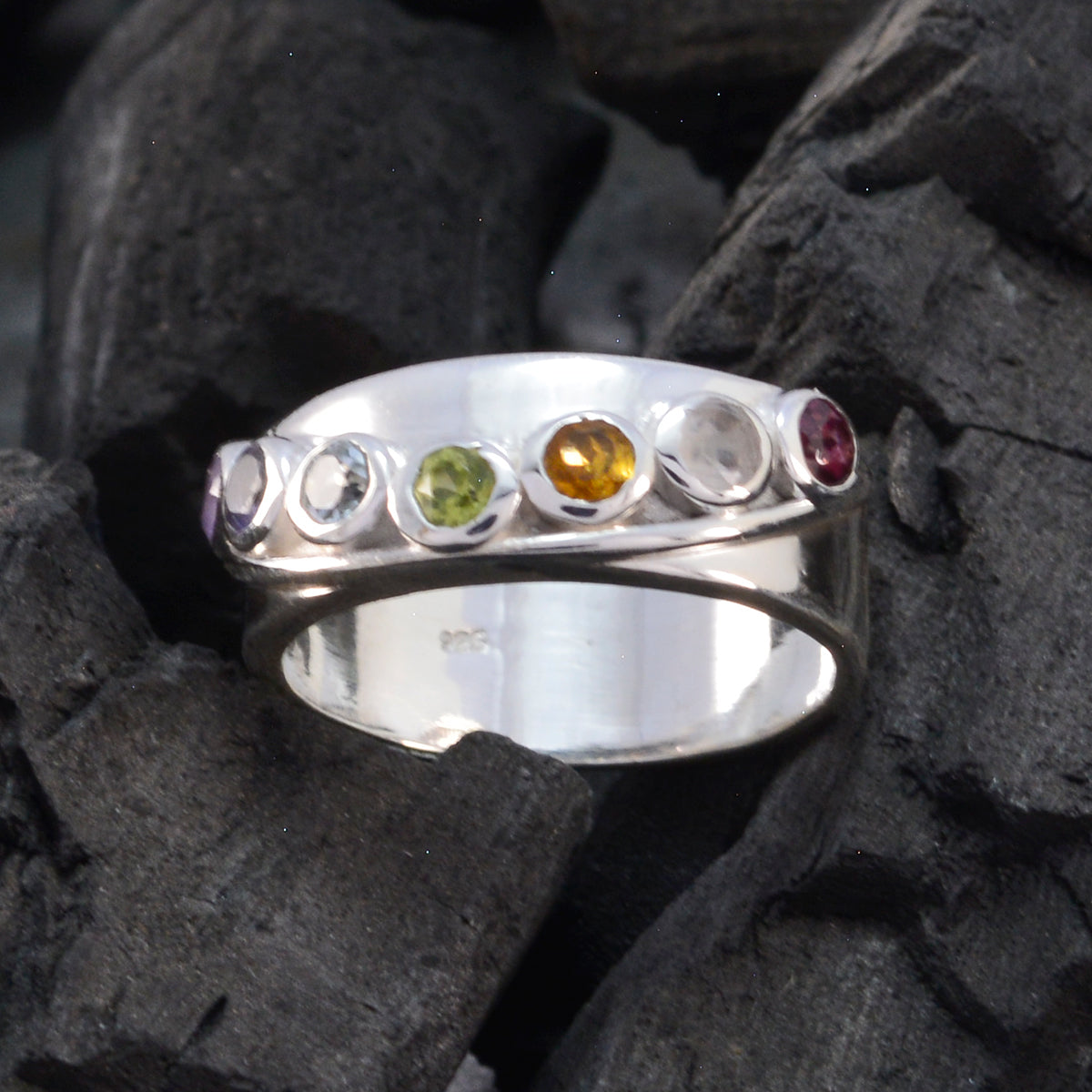 Multi Stone Hepta Egyptian Silver multicolor Gemstones Eye catching Sophisticated Band Jewelry